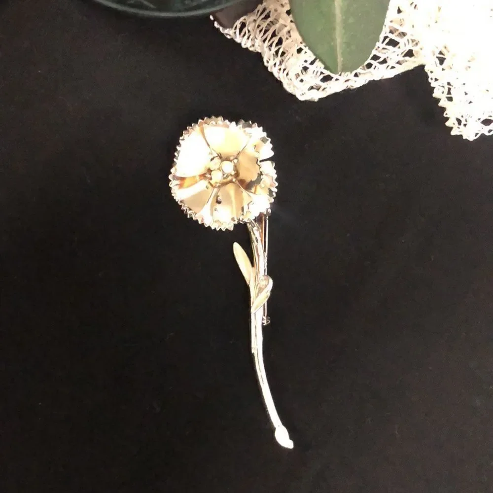 Vintage Silver Tone with Matte Color Three Rhinestones Carnation Brooch